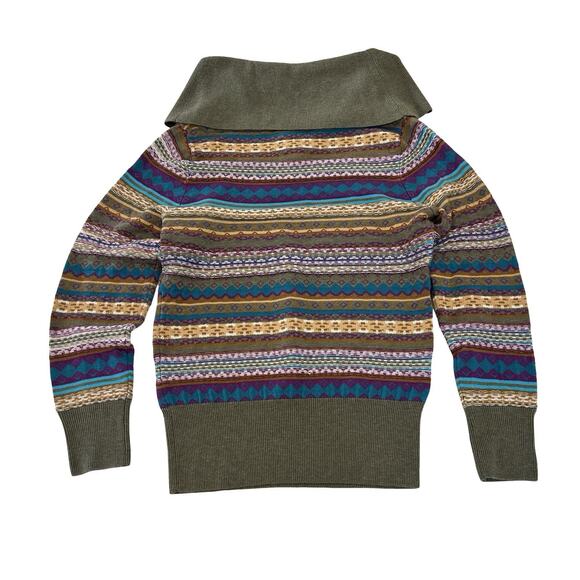 Athleta Shasta Cowl Neck Sweater Size L Fair Isle Nordic Olive Green Wool Blend - Picture 1 of 7